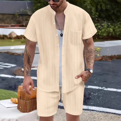 Conjunto Casual de 2 Piezas: Camisa Cuello Parado y Shorts para Hombre - Image 4