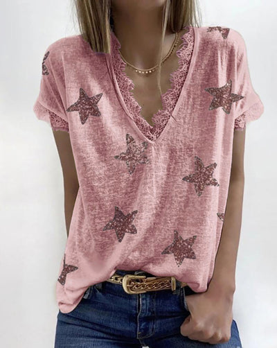 Blusa Estampada con Escote en V y Detalles de Encaje - Image 19