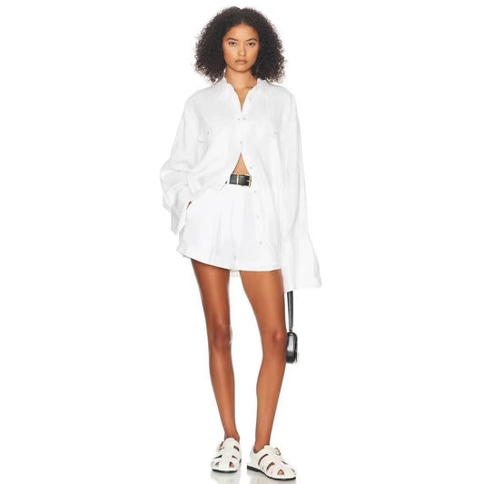 Conjunto de Lino y Algodón: Blusa Suelta de Manga Larga + Short de Cintura Alta - Image 2