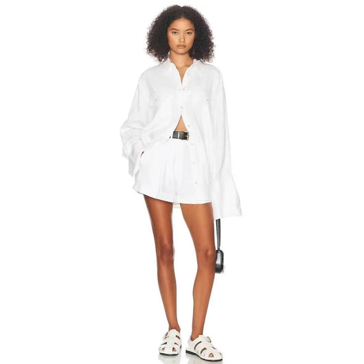 Conjunto de Lino y Algodón: Blusa Suelta de Manga Larga + Short de Cintura Alta - Image 2