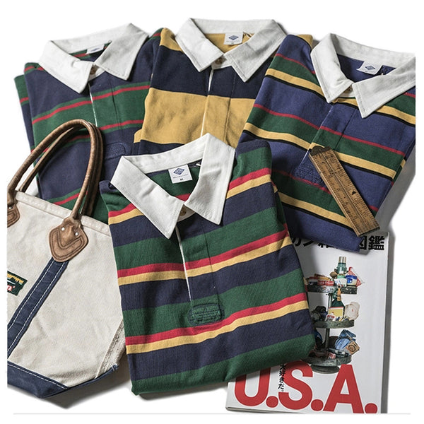 Polo Retro de Manga Larga con Rayas - Camiseta Clásica para Hombre