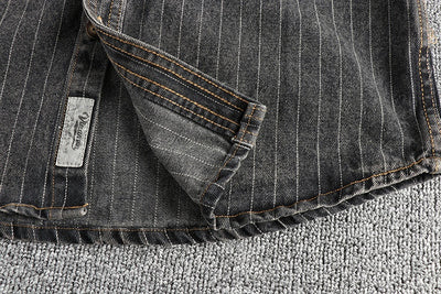 Camisa Denim Retro Británica a Rayas Negras y Grises para Hombre - Image 15