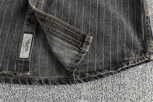 Camisa Denim Retro Británica a Rayas Negras y Grises para Hombre - Image 15