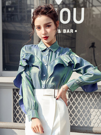 Blusa Retro con Volantes Polarizados de Diseño Exclusivo para Mujer