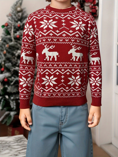 Women's black, red, and white Christmas sweater with reindeer and snowflake fair isle patterns, round neck, long sleeves. - Image 21