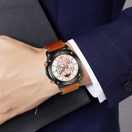 Reloj de Hombre Cuero con Tres Esferas y Seis Agujas - Cuarzo Premium