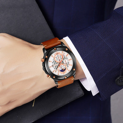 Reloj de Hombre Cuero con Tres Esferas y Seis Agujas - Cuarzo Premium