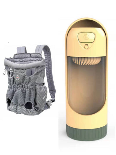 Navy blue mesh pet carrier backpack with leg holes and a light blue portable pet water bottle with a transparent reservoir. - Image 20