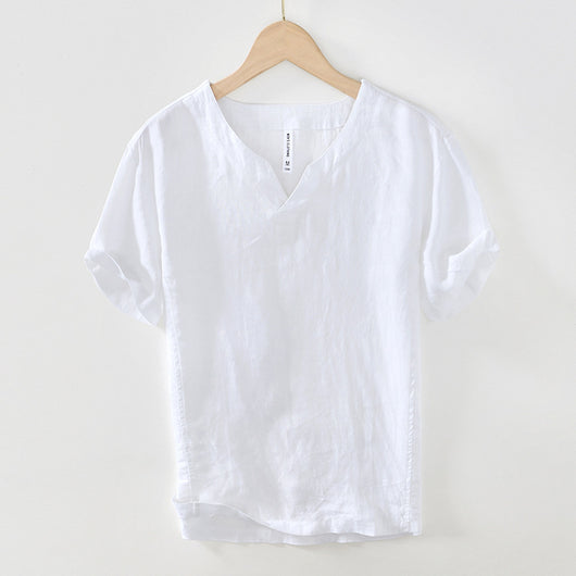 Camiseta de Lino con Cuello en V - Manga Corta Estilo Retro - Image 5