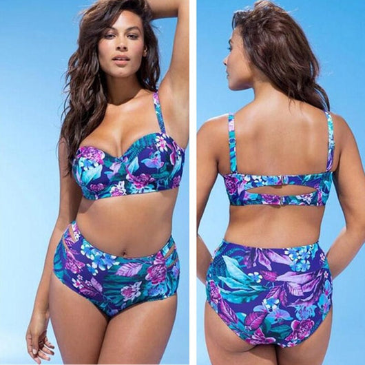 Women's floral print high-waisted bikini with a push-up top and halter straps, featuring orange, pink, and black flowers on a light blue background. - Image 6