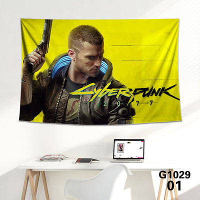 Cyberpunk 2077 tapestry featuring V and Jackie Welles with a neon-lit futuristic city skyline background. - Image 14