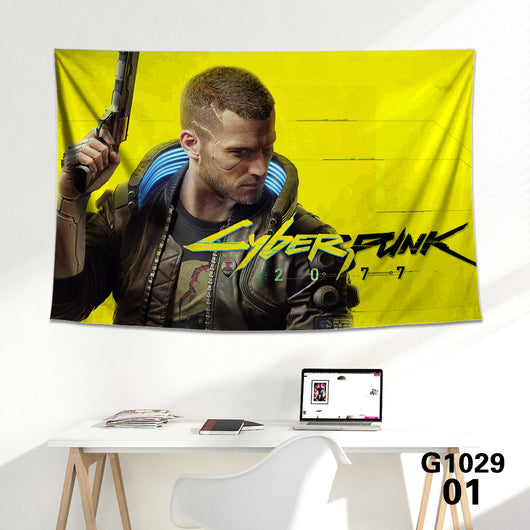 Cyberpunk 2077 tapestry featuring V and Jackie Welles with a neon-lit futuristic city skyline background. - Image 14