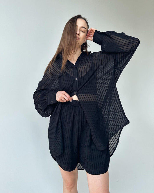 Conjunto de Dos Piezas: Blusa Texturizada Manga Larga y Shorts Casuales para Verano - Image 11