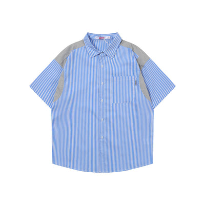 Camisa Manga Corta Azul a Rayas con Costuras de Diseño Japonés - Image 5