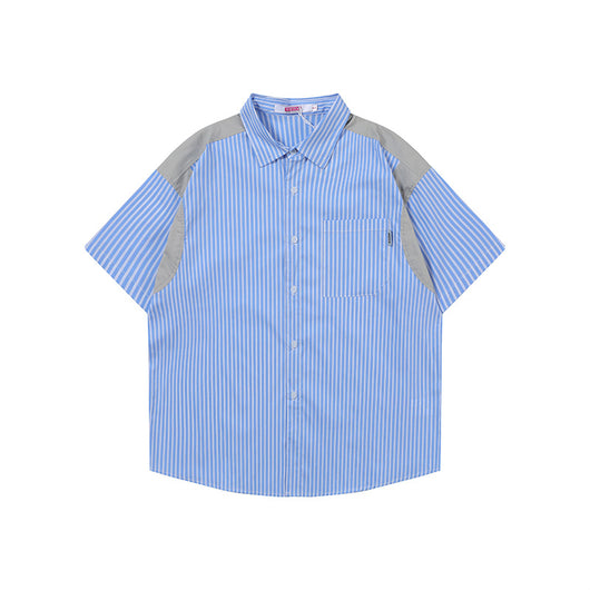 Camisa Manga Corta Azul a Rayas con Costuras de Diseño Japonés - Image 5