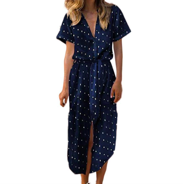 Vestido Largo de Botones con Escote en V y Lunares - Image 6