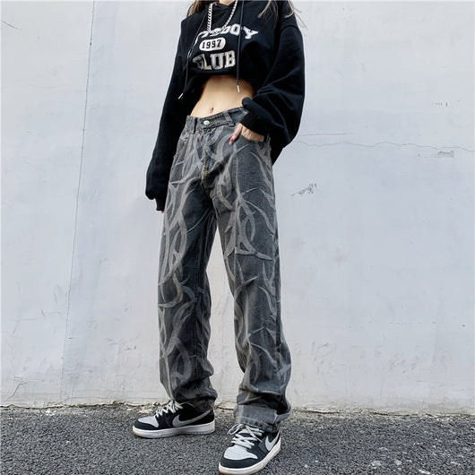 Pantalones Hip Hop Talle Alto Cintura Ancha Pierna Suelta Jeans Estampados - Image 3