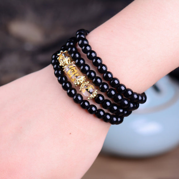 Pulsera de Cristal Obsidiana Blanca con Mantra de 6 Palabras y Los 12 Signos del Zodiaco - 4 Anillos