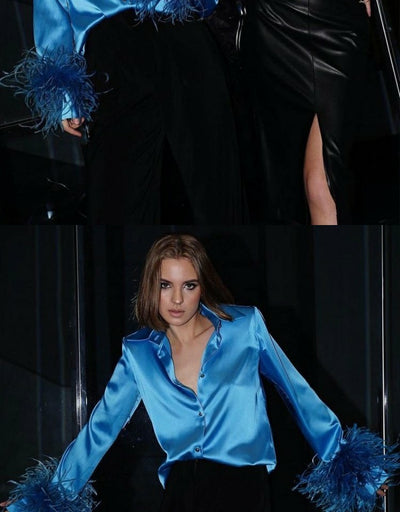 Blusa Larga de Satén Suave con Solapa de Plumas de Avestruz - Lujo Francés para Mujer - Image 7