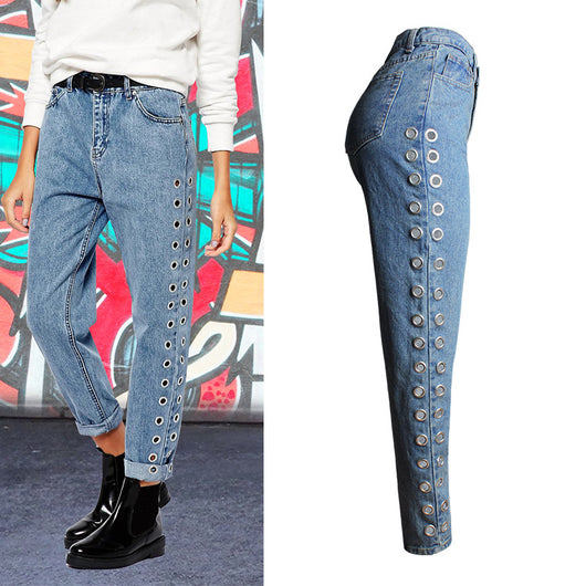 Pantalones Jeans Sueltos de Cintura Alta con Detalles Metálicos y Remaches