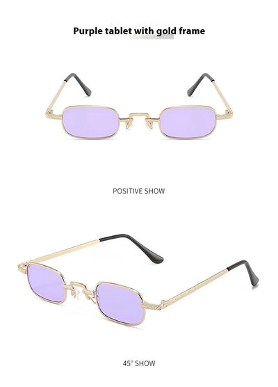 Trendy rectangular sunglasses with gold metal frames and brown lenses, shown from front and a 45-degree angle. - Image 18