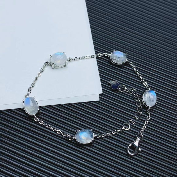 Pulsera de Piedra Lunar Azul Natural con Cristales de Colores
