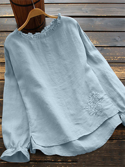 Blusa Suelta de Algodón y Lino con Cuello Bordado de Flor de Loto Japonesa - Image 12