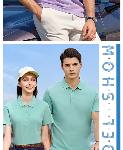 White short-sleeve polo shirt for men, made from a mercerized cotton blend with a three-button placket. - Image 11