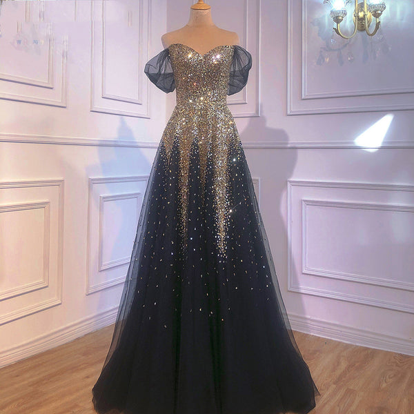 Vestido de Noche Negro Dorado para Dama de Honor y Eventos de Gala