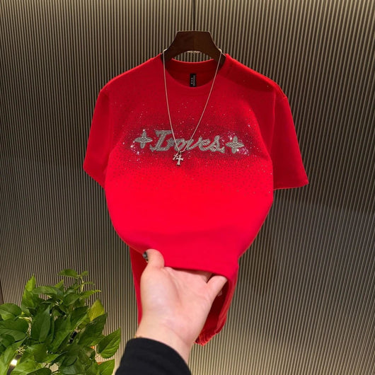 Playera Roja de Cuello Redondo con Letras de Brillantes - Image 7