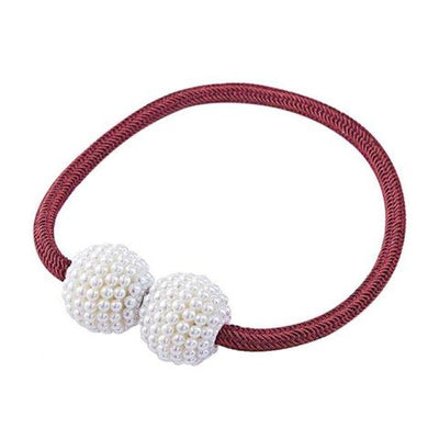 Magenta elastic curtain tieback with two white pearl-beaded spheres, designed to hold curtains elegantly. - Image 29