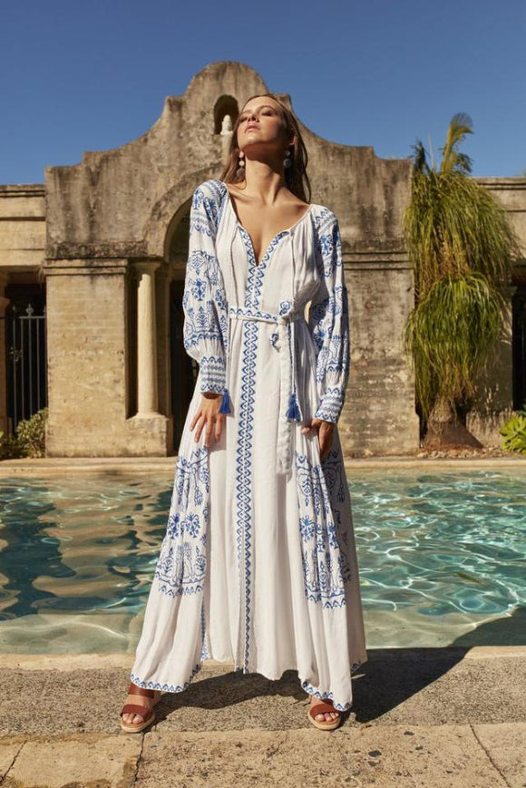 Vestido Largo con Encaje de Fleco y Mangas Farol