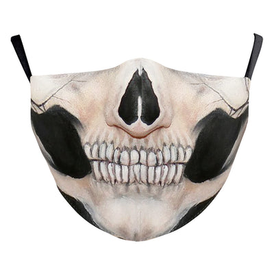 Black double-layer face mask with a repeating pattern of glowing white jack-o'-lantern faces and ear hooks. - Image 18