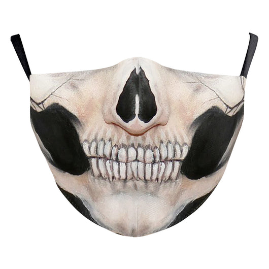 Black double-layer face mask with a repeating pattern of glowing white jack-o'-lantern faces and ear hooks. - Image 18