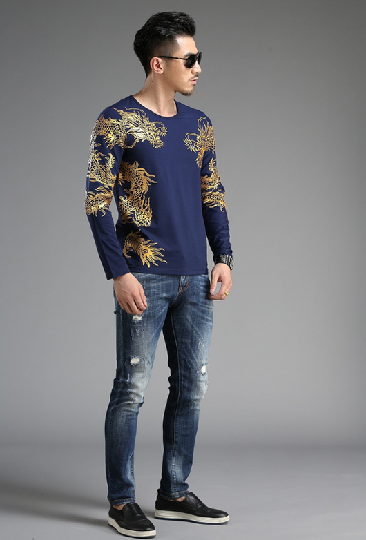 Playera Manga Larga Cuello Redondo Estilo Chino Dragón 3D Slim Fit - Image 10