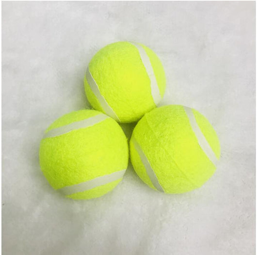 Three bright yellow dog tennis balls with white seams, made of rubber and felt, stacked on a soft background. - Image 6