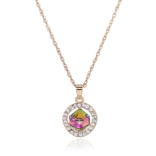 Gold-colored necklace and stud earrings set with iridescent multi-faceted crystal pendants surrounded by clear crystals. - Image 3