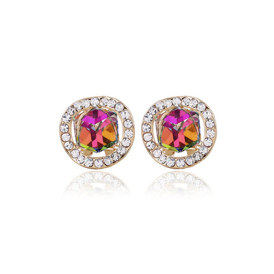 Gold-colored necklace and stud earrings set with iridescent multi-faceted crystal pendants surrounded by clear crystals. - Image 2