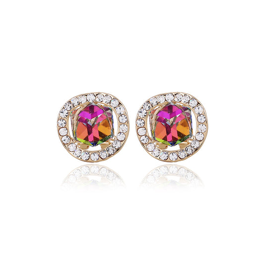 Gold-colored necklace and stud earrings set with iridescent multi-faceted crystal pendants surrounded by clear crystals. - Image 2