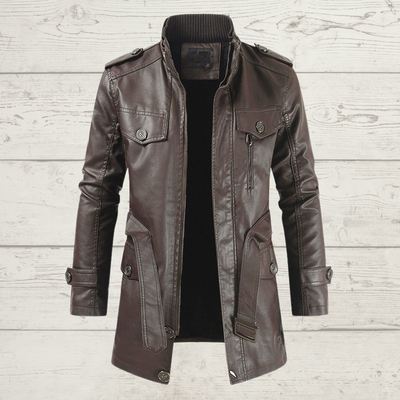 Abrigo Trench de Cuero con Cuello Mao y Forro de Terciopelo para Hombre - Image 3