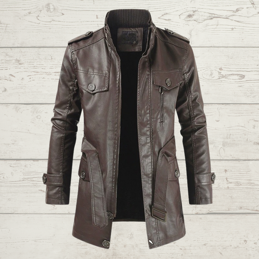 Abrigo Trench de Cuero con Cuello Mao y Forro de Terciopelo para Hombre - Image 3