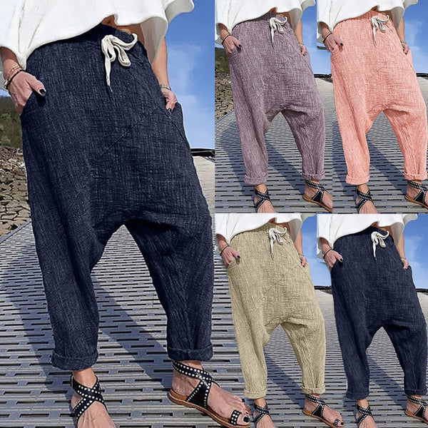 Pantalones Anchos de Lino y Algodón con Bolsillos para Mujer Talla Grande