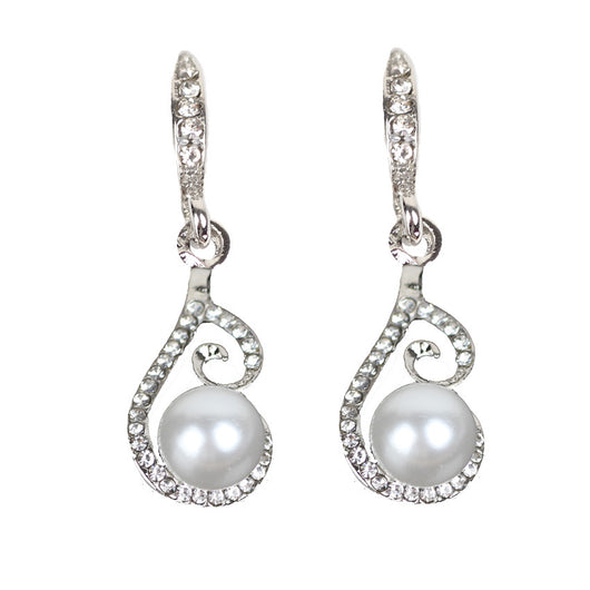 Silver-tone rhinestone and faux pearl drop necklace and matching earrings jewelry set on a black background. - Image 3