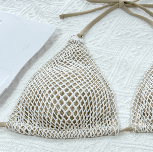 Khaki mesh triangle bikini top and tie-side bottoms on a woman, with a silver necklace, in bright sunlight. - Image 12