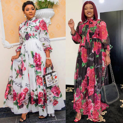 Vestido Largo Africano de Gasa con Estampado y Falda Amplia para Mujer