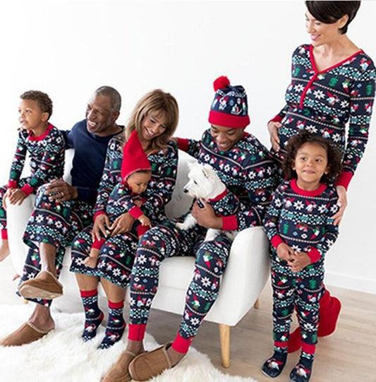 Dad's black long-sleeve pajama set with festive gnome and snowflake fair isle pattern, red trim. - Image 2