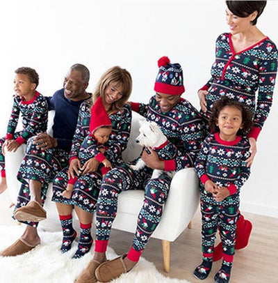 Dad's black long-sleeve pajama set with festive gnome and snowflake fair isle pattern, red trim. - Image 2