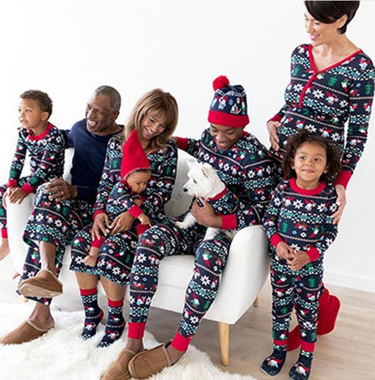 Dad's black long-sleeve pajama set with festive gnome and snowflake fair isle pattern, red trim. - Image 2