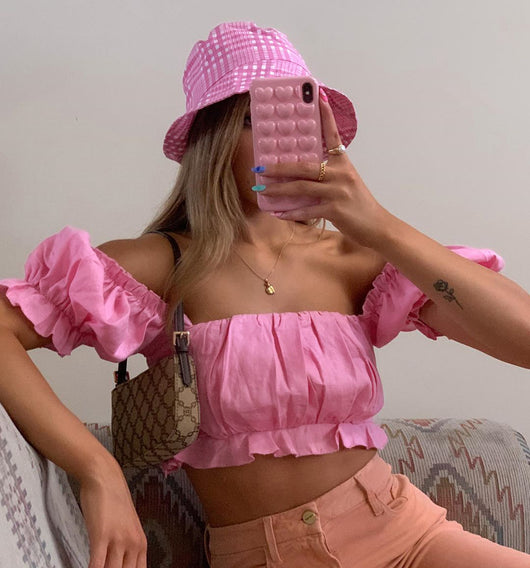 Blusa Rosa con Mangas Burbuja y Hombros Descubiertos - Image 2