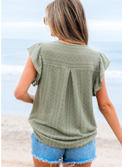 Blusa Verde Laurel con Mangas Volantes y Encaje Escote V